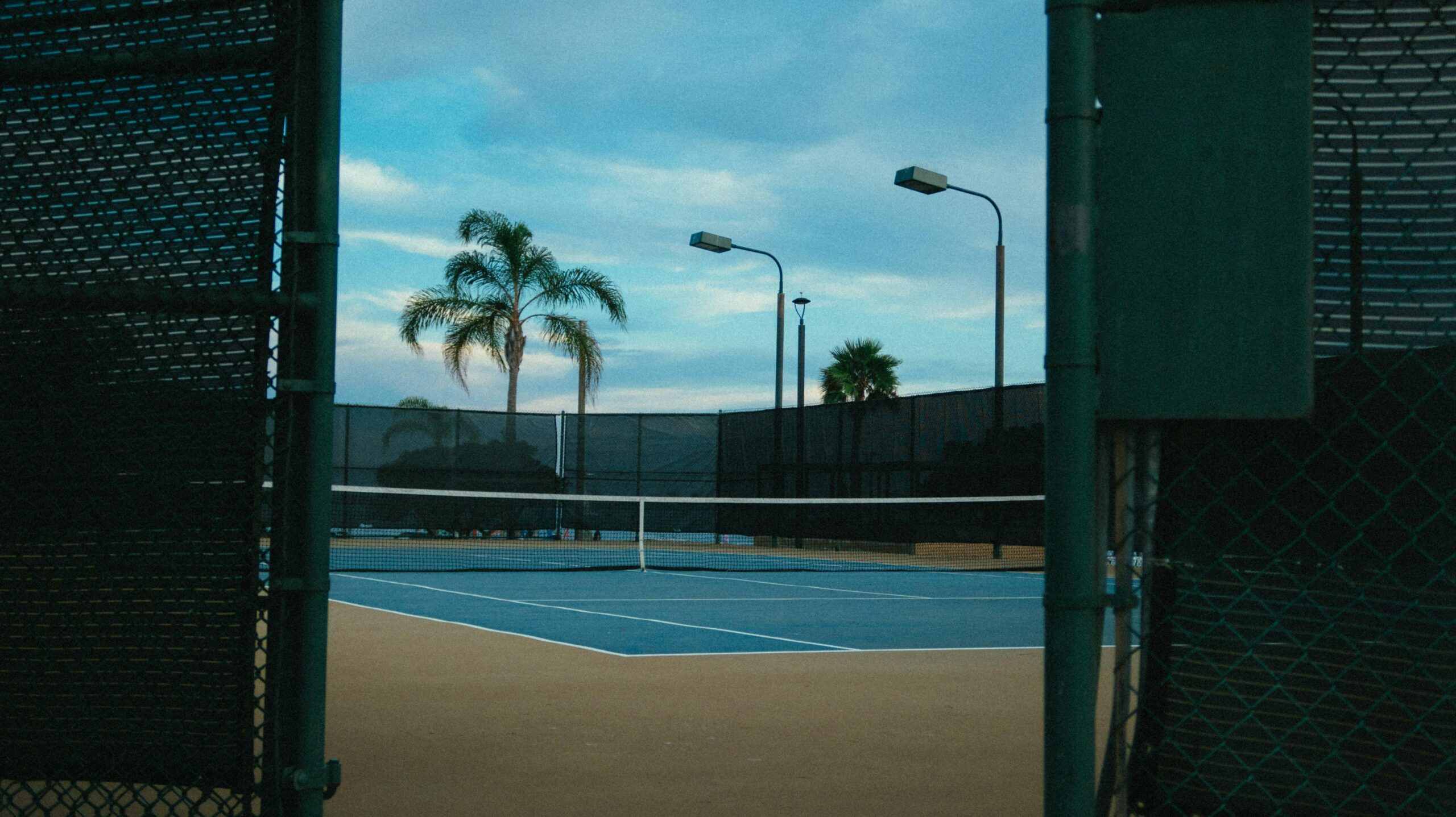 Campo da tennis in cemento al tramonto tra le palme
